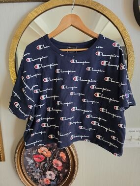 Champion Navy Logo All-Over Print Cropped Tshirt Womens 2x